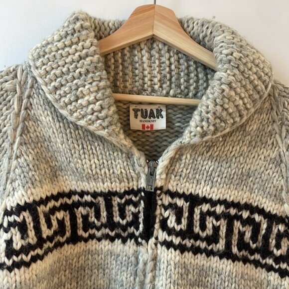 Vintage TUAK Large mens Thunderbird Cowichan zip-up knit wool cardigan sweater - Picture 4 of 13